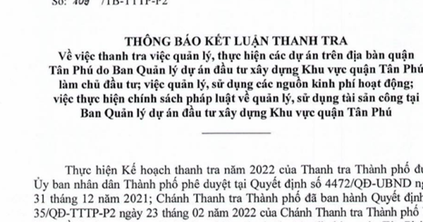Kết luận thanh tra Ban QLDA đầu tư xây dựng Khu vực quận Tân Phú