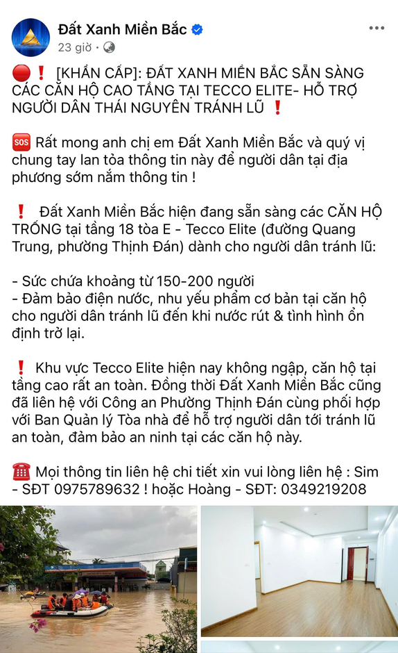 Đất Xanh Miền Bắc dành các căn hộ trống tại dự án Tecco Elite Thái Nguyên hỗ trợ người dân tránh lũ, sức chứa lên tới 200 người